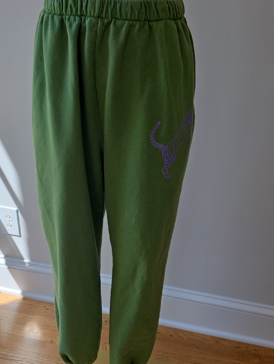 Clare V Pants - Clare V Olive Green Womens  Sweatpants with Purple Tiger Motif